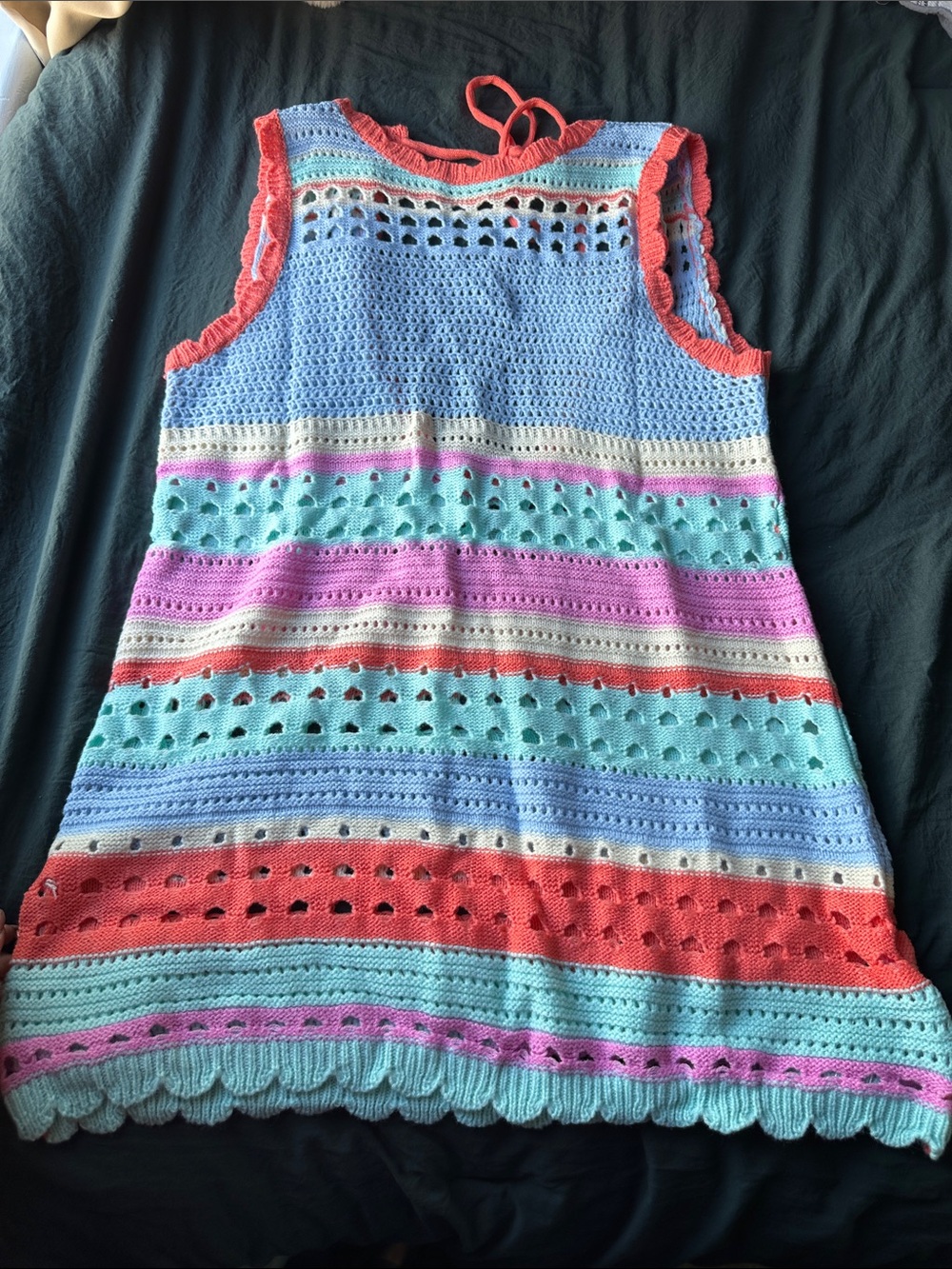 Girls Crochet Stripe Tank Top Dress in Coral, Aqua, Lilac